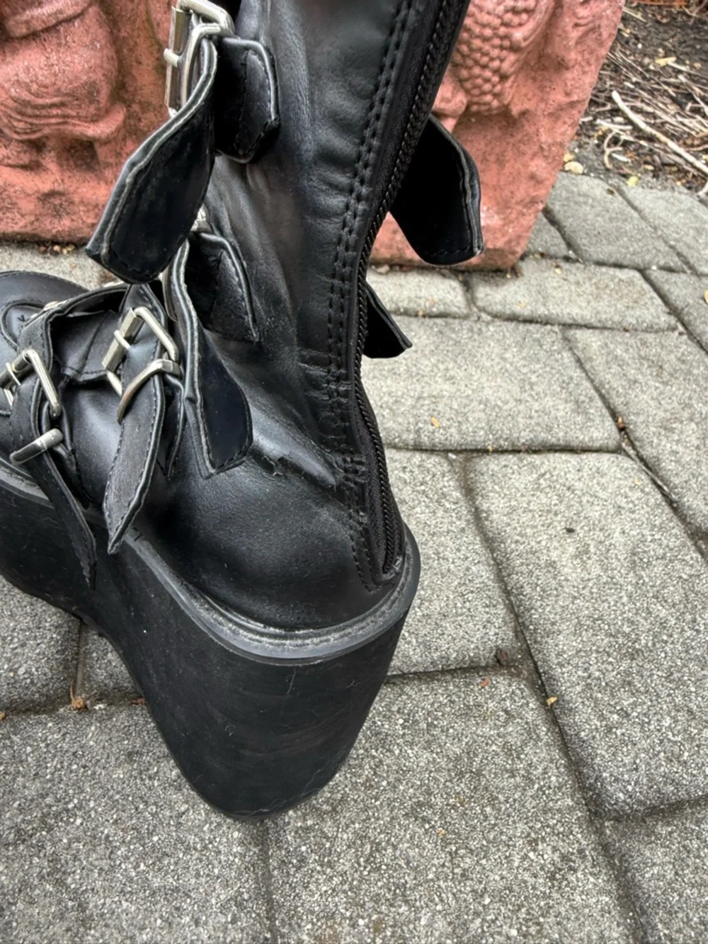 Black Platform Studded Buckle Boots - Women